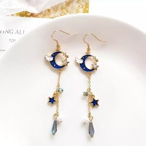 Boho Blue and Gold Crystal Star and Moon Earrings